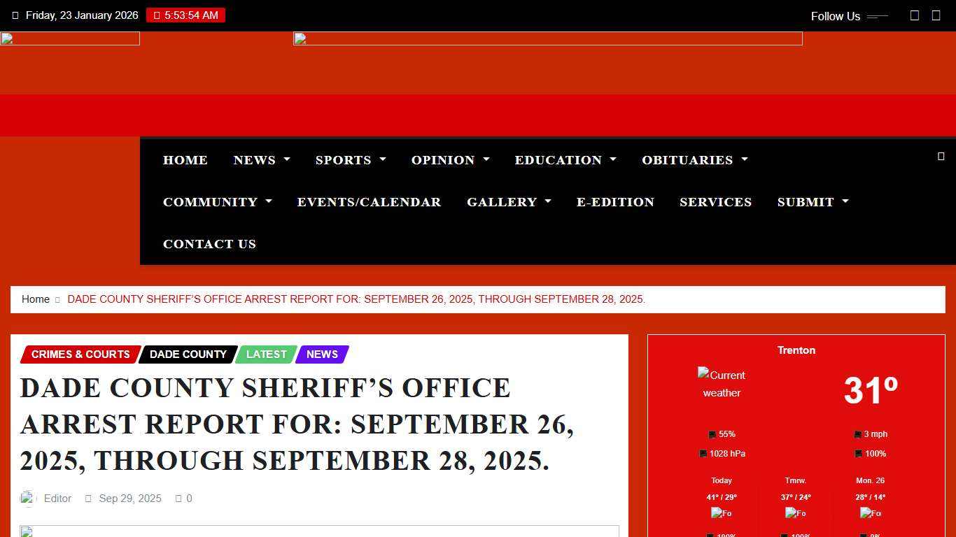 DADE COUNTY SHERIFF’S OFFICE ARREST REPORT FOR: SEPTEMBER 26, 2025, THROUGH SEPTEMBER 28, 2025. – Trenton Daily News